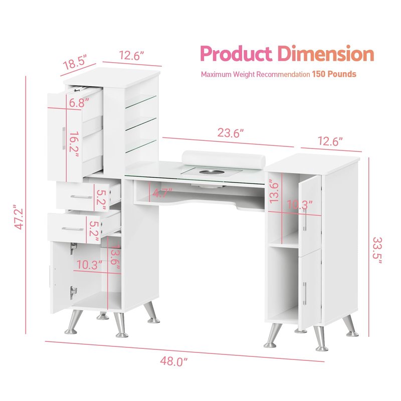Kikihouse Manicure Table Nail Station w/Glass Top, Dust Collector, 4 Dust Bags, Storage Drawers & Cabinets, Nail Desk Beauty Salon Workstation (White)