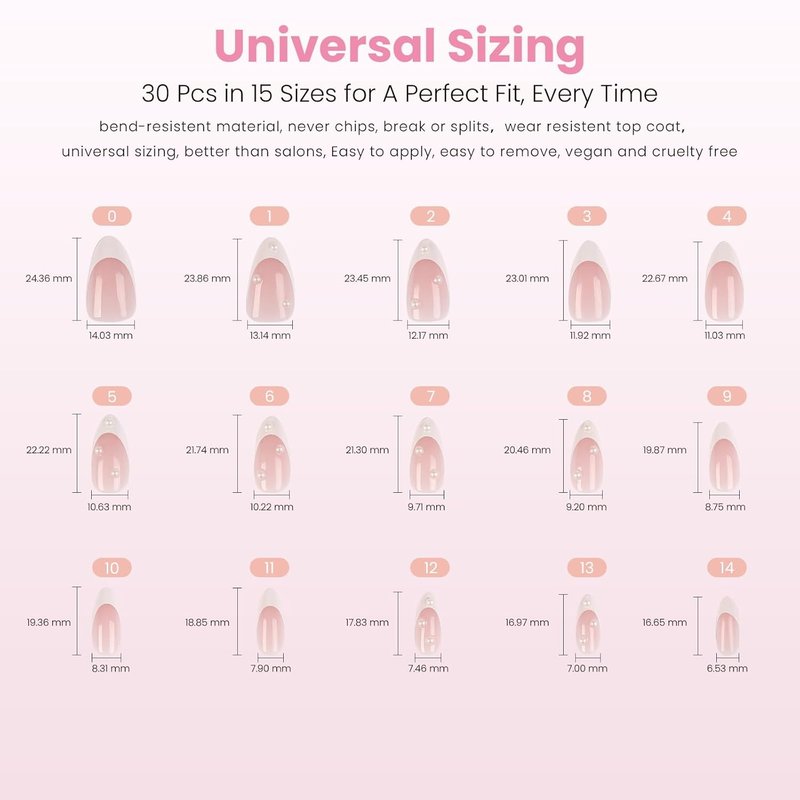 Nail Reformation Press On Nails - Sugar-Coated Pink Medium Almond French Tips with 3D Pearls | Reusable 30-Piece False Nail Kit for Women