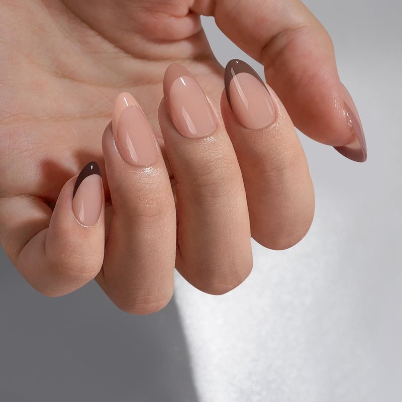 Press On Nails - Short Almond French Tip Design | Reusable Gel Nail Kit with Natural Glue - 32 Pieces in Morning Coffee