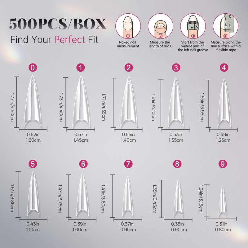 krofaue Extra Long Stiletto Nail Tips - 500PCS False Clear Nais with 10 Sizes Half Cover Pointed Press On Artificial Acrylic for Salon DIY, XL