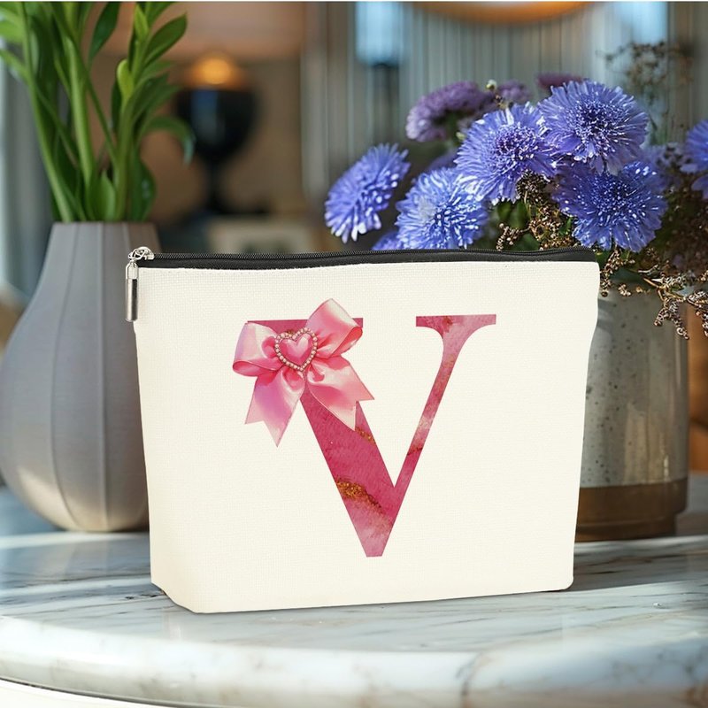 Personalized Initial Makeup Bag - Cute Monogram Bow Travel Toiletry Organizer | Pink Cosmetic Pouch for Women & Girls