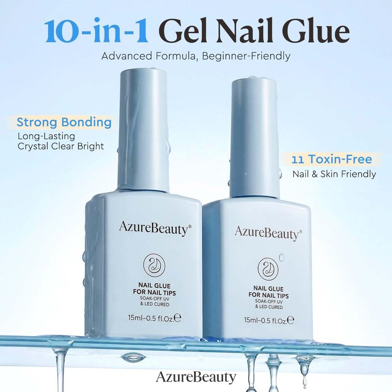 Azurebeauty 10-in-1 Gel Nail Glue - Long-Lasting Acrylic Nail Adhesive | 2 Pcs 15ml for Tips & Rhinestones