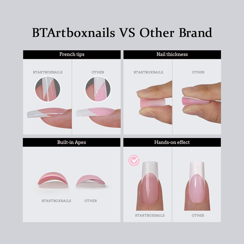 French Tip Press-On Nails | 160 Pcs Pink Square Soft Gel Tips - No Filing Needed, 16 Sizes Included