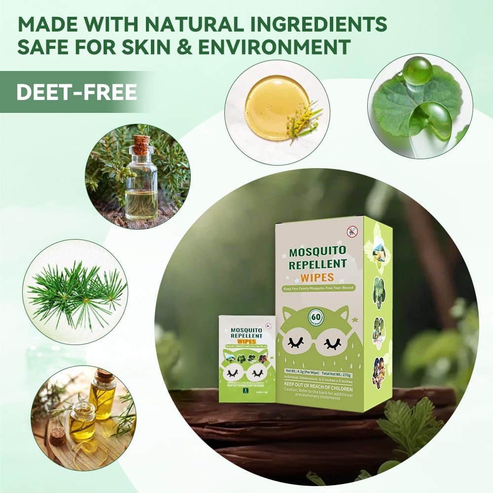 Skiennix Mosquito Repellent Wipes - 60 PCS of Natural Plant-Based Essential Oil Protection | Safe & Effective for Outdoor Use
