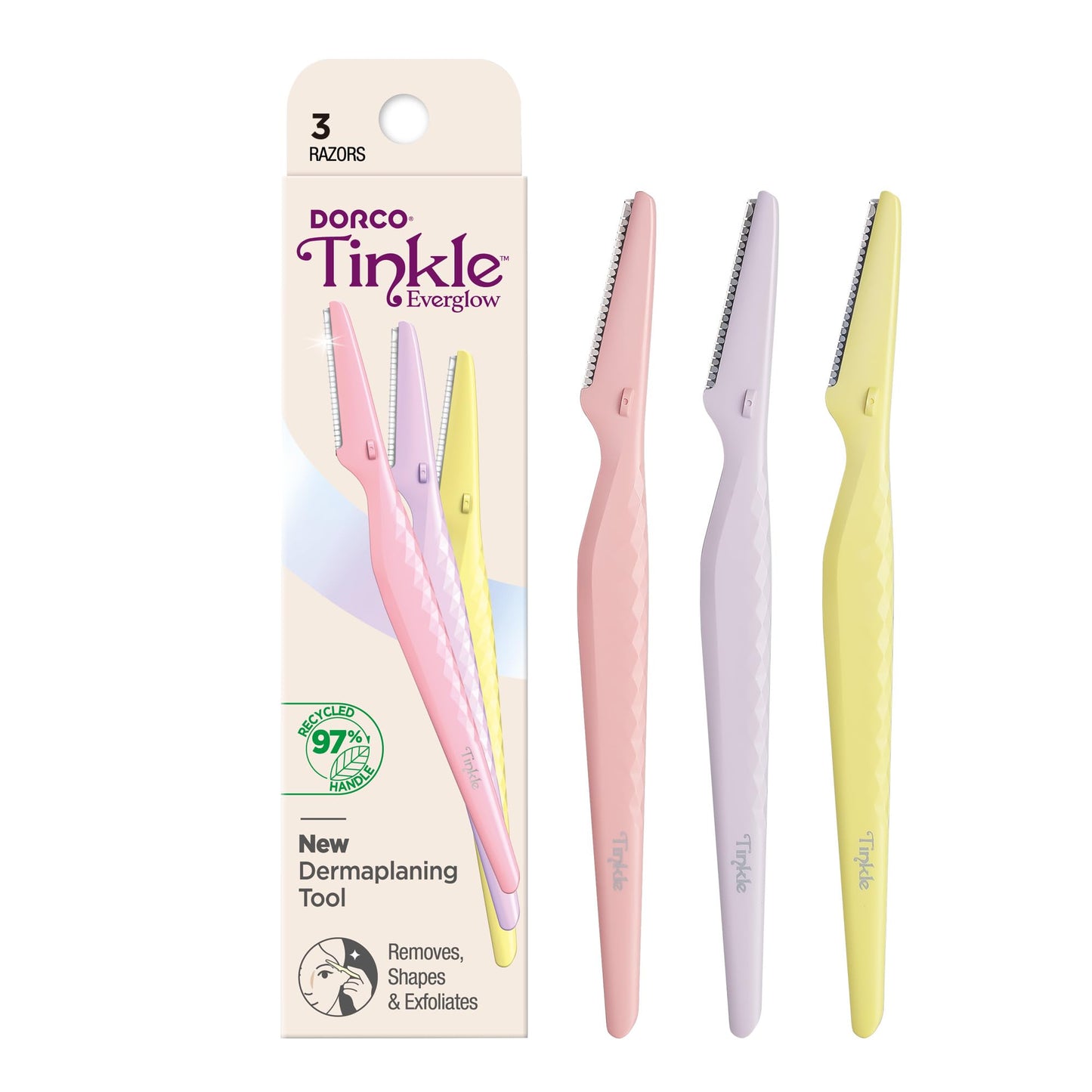Tinkle Everglow Dermaplane Razor (3 ct), Eyebrow Razor & Face Razors for Women, Peach Fuzz Remover, Dermaplaning Tool, Stainless Steel Blades, Stocking Stuffers