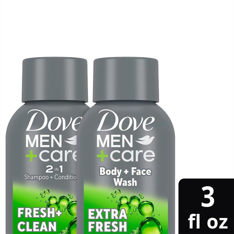Dove Men+Care Travel Essentials Bundle - Extra Fresh Body & Face Wash & Fresh + Clean 2-in-1 Shampoo, 3 Oz Each