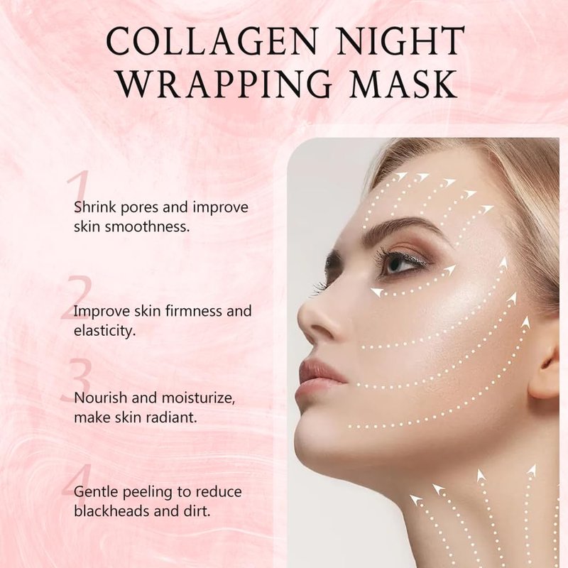 Collagen Night Wrapping Mask, Peel Off Hydrolyzed Collagen Facial Mask, Elasticity & Hydration, Tight Skin, Reduce Sagging & Dullness, 2.54 fl.oz