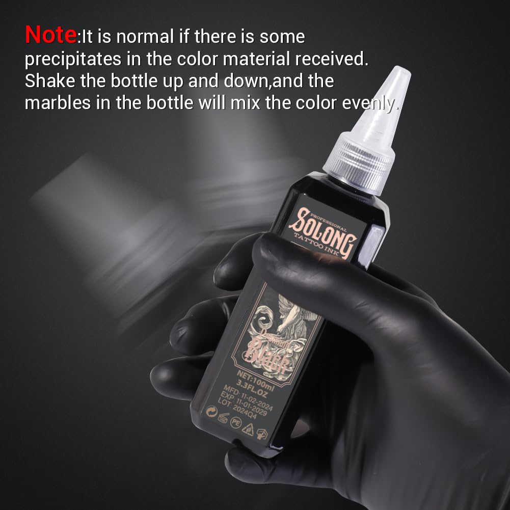 Tattoo Ink,Solong S Series 3.4oz(100ml) Professional Black Tattoo Ink for Outlining,Shading and Blending-Premium Black Tattoo Supplies,TI303S-100-031