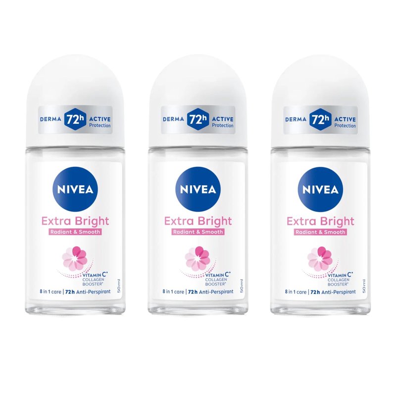 NIVEA Extra Bright 8 Super Food Vitamin C Collagen Booster Underarm Roll-On Deodorant, Alcohol-Free, 72HR Odor Protection, Smooth & Bright Skin, 50ml, 1.69oz, Pack of 3