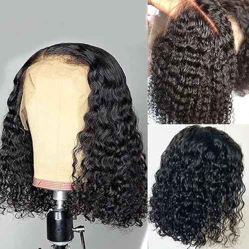 12 inch Water Wave Human Hair Deep Curly Short Bob Lace Front Wigs 13x4 Transparent Lace Frontal Wigs for Black Women Glueless Wet and Wavy Lace Front Wigs Human Hair