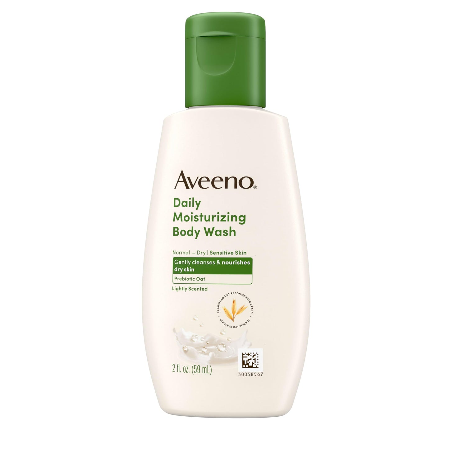 Aveeno Daily Moisturizing Body Wash for Dry & Sensitive Skin + Prebiotic Oat, Shower Body Wash Gently Cleanses & Nourishes Dry Skin, Lightly Scented, Travel-Sized, 2 fl. oz