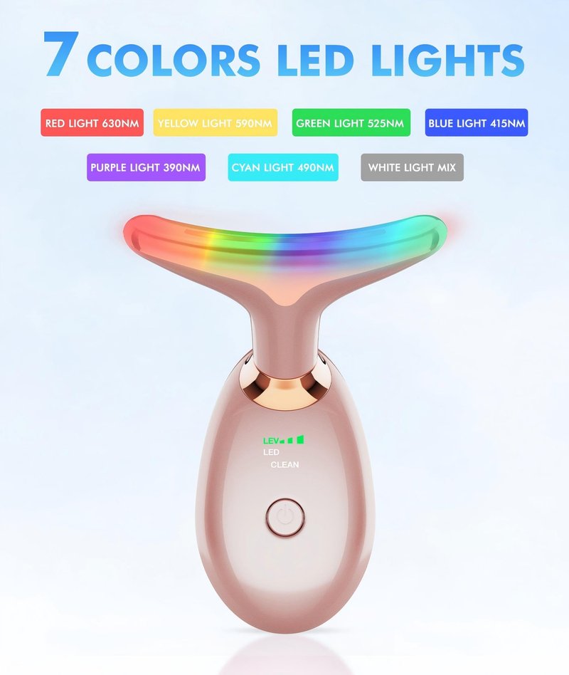 SDKWDH Red Light Therapy for Face and Neck, 7 Color Face Massager Tool for Wrinkles, Double Chin, Vibrating Facial Massager with Thermals for Skin Care, Rose Gold