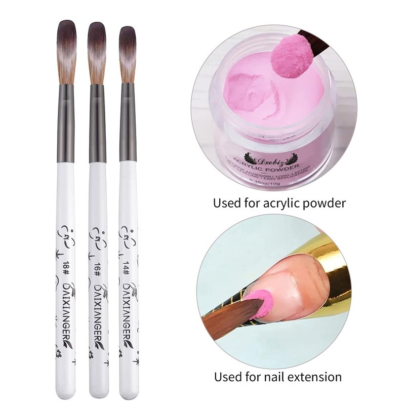 DAIXIANGER 3PCS Acrylic Nail Brush Set,Size 14/16/18 Professional Nail Brushes for Acrylic Application Extension and 3D Carving for Nail Home Salon DIY