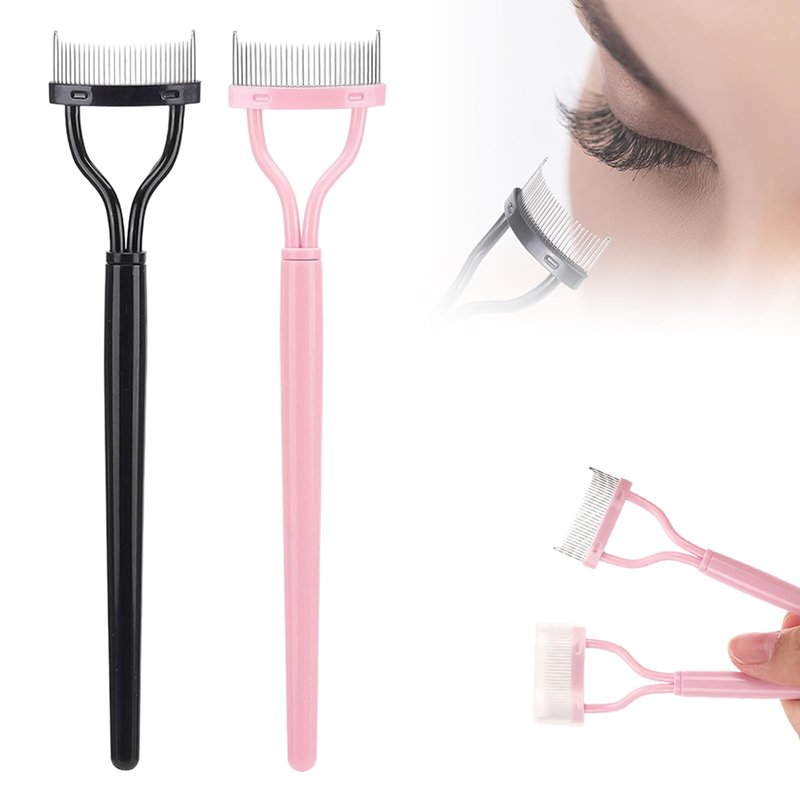 Eyelash Comb Eyelash Separator Tool, Arc Designed Eyelash Comb Separator, Eyelash Brush Separator With Metal Teeth Eyelashes Grooming Tool for Eye Cosmetic Brush Tool (Black+Pink, 2pcs)