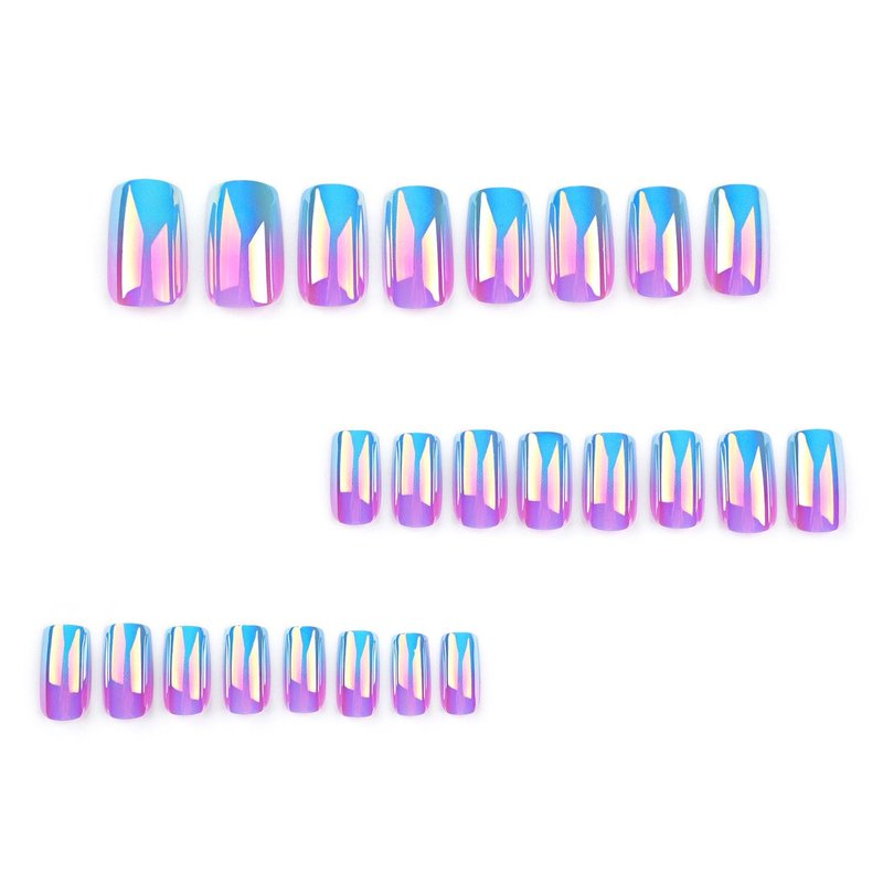 Chrome Press on Nails Medium Square SWEKKE Fake Nails Full Cover Blue White Pink Gradient Flash False Nails with Designs Glossy Glue on Nails Acrylic Nails Artificial Nails for Women Girls 24Pcs