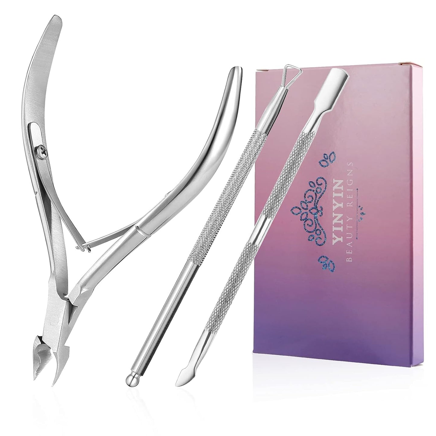 YINYIN Cuticle Trimmer Set - Professional Stainless Steel Nippers & Pusher for Manicure | Silver