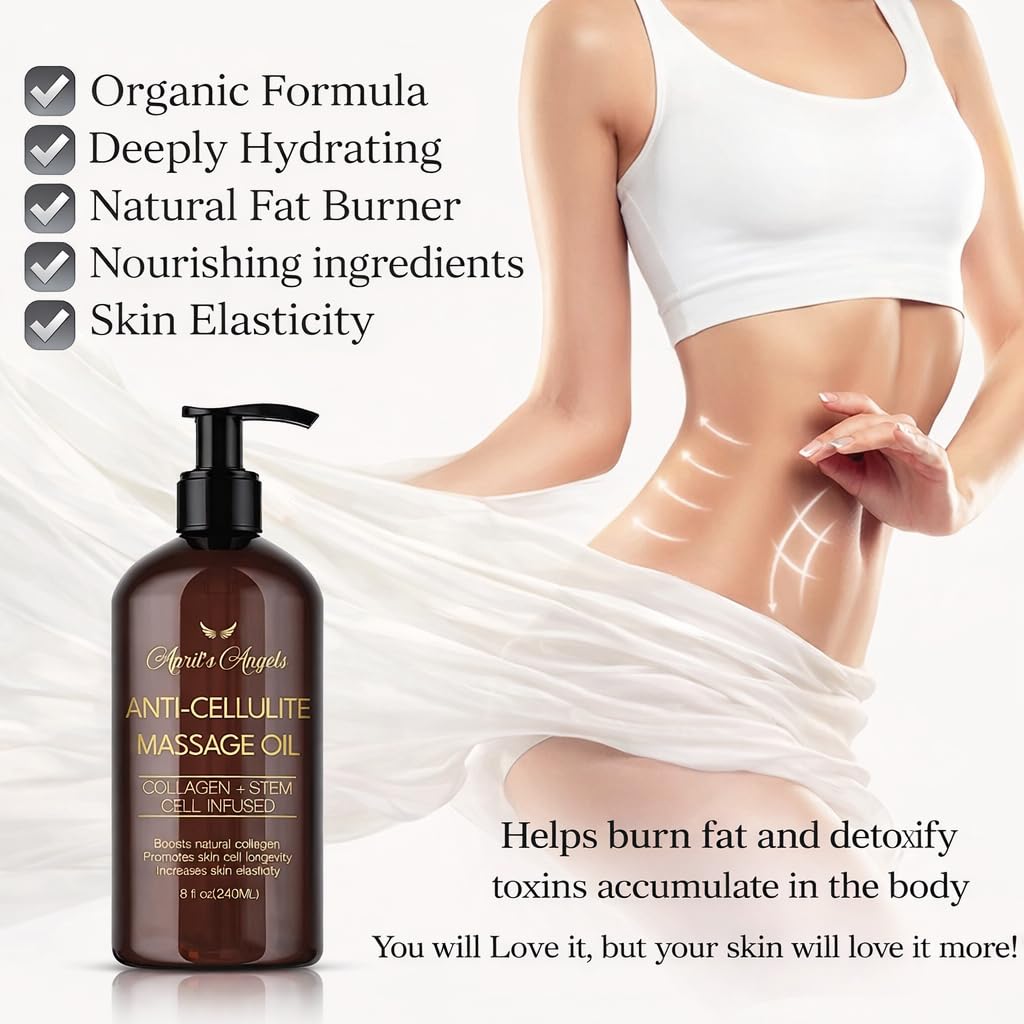April's Angels Anti-Cellulite Massage Oil with Collagen & Stem Cell Infused. Skin Elasticity, Firmness, Deep Hydration. 8 fl oz