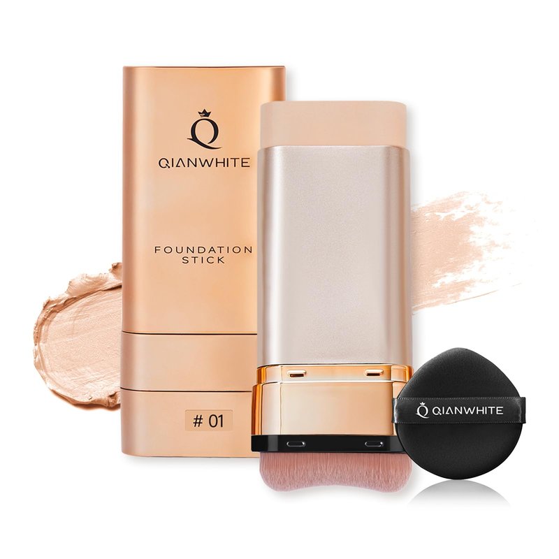 QIANWHITE Foundation Stick Korean Makeup - Foundation for Mature Skin Tint, Buildable Light to Full Coverage Foundation Make Up Concealer, Dual-Ended with Brush - Natural Dewy Finish (IVORY)
