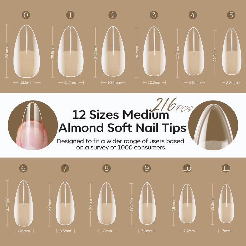 Modelones Medium Almond Nail Tips - Pre-Shaped Full Cover Fake Nails | 216PCS in Clear, 12 Sizes