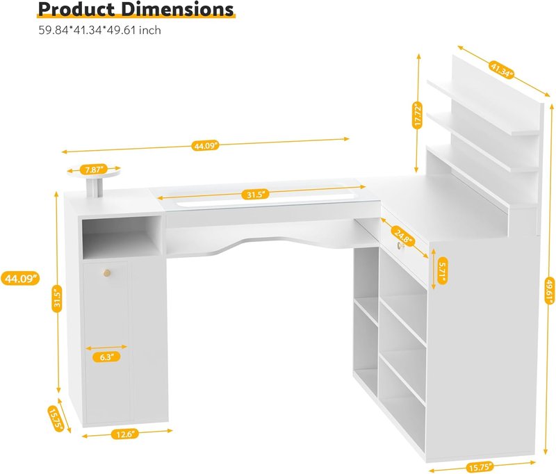 Manicure Table - 60-Inch L-Shaped Nail Desk with Glass Top | White with Shelves & Drawer Storage