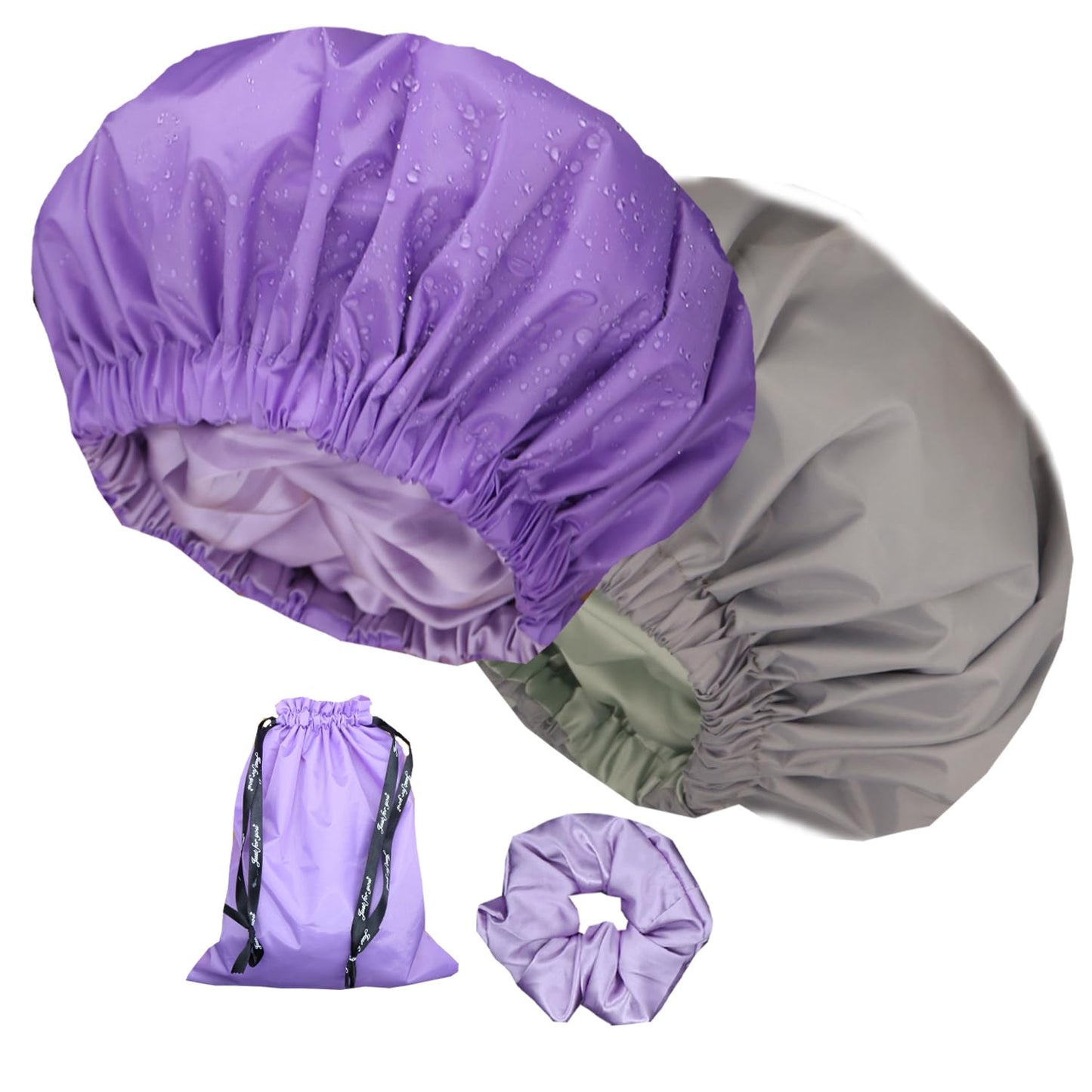 Genergy 2pcs Shower Cap for Women,Including Travel bag and Satin Scrunchy. Frizz-Free Silky Liner, Waterproof Reusable Large Bath Cap for Short and Long Thick Hair, Soft Adjustable Elastic, Non-slip.