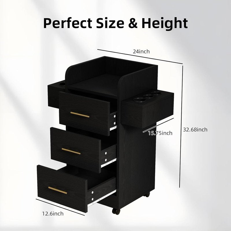 4ever2buy Rolling Salon Station - Hair Stylist Trolley Cart with Wheels, 6 Dryer Holders & 3 Drawers | Black & Gold
