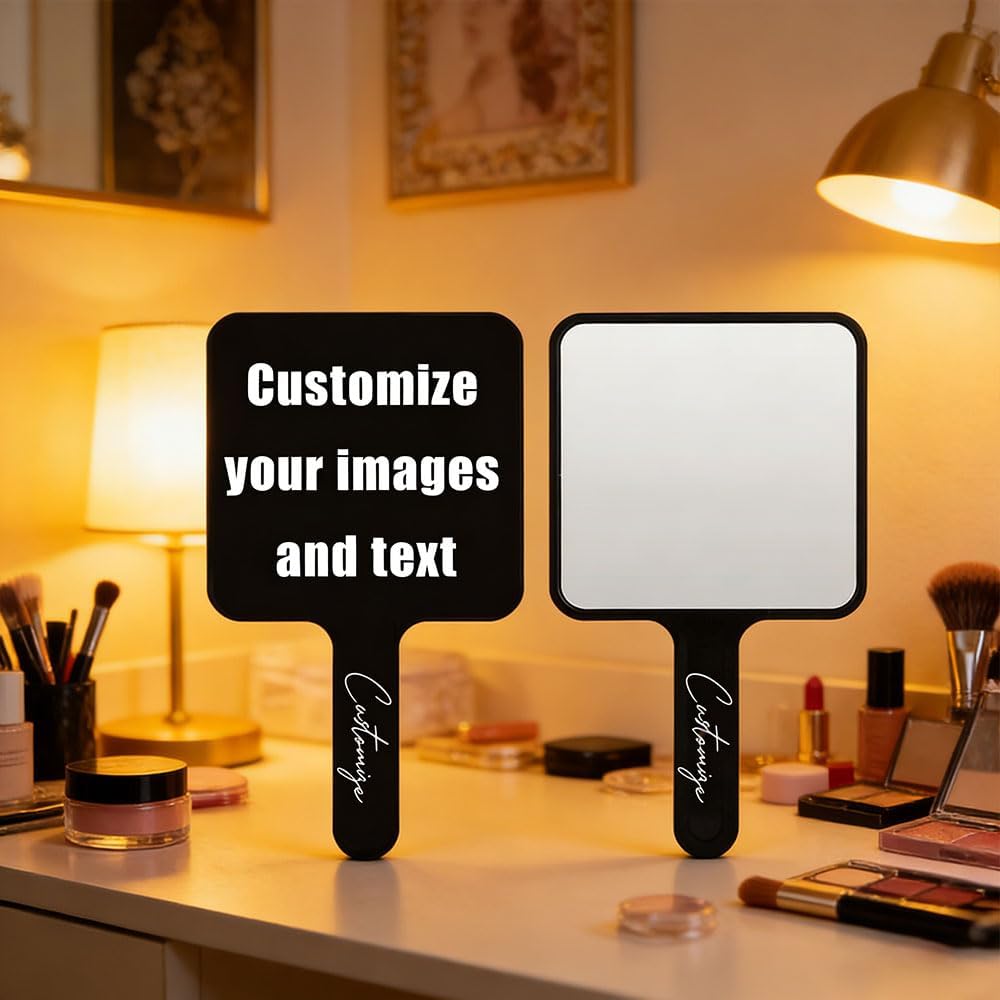 Solarix Handheld Makeup Mirror - Personalized Image & Text | Portable Square Vanity Mirror 15.7x9cm
