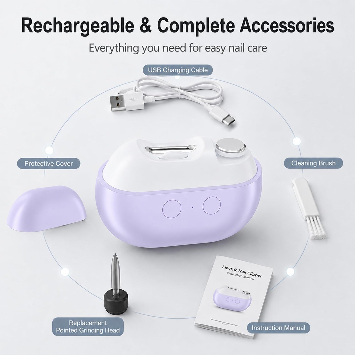 Whriou 3-in-1 Electric Nail Clipper for Seniors – 40dB Quiet, Rechargeable Automatic Trimmer for Thick Toenails, LED Light, Portable Grooming Tool for Elderly Men Women（Purple）