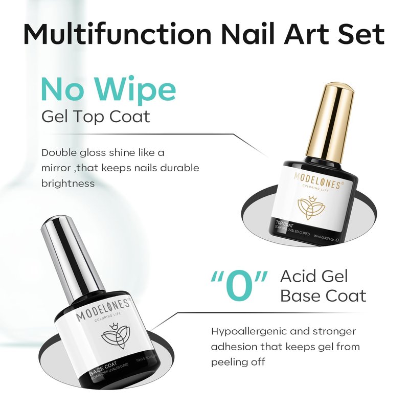 modelones Nail Dehydrator and Primer with Gel Base & Top Coat Set, Acid Free Acrylic Supplies Primer Glossy Gel Nail Polish Nail Thickening Solution Top Coat