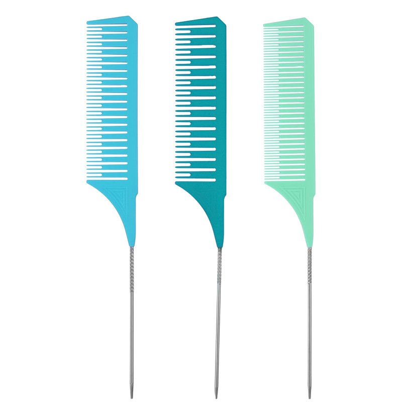 3Pack Highlighting Comb, Hair Teasing Parting Comb Weaving Combs for Highlighting with Long Stainless Steel Rat Tail for Hair Stylist Salon Barbershop Home(Green, Blue, Light Blue)