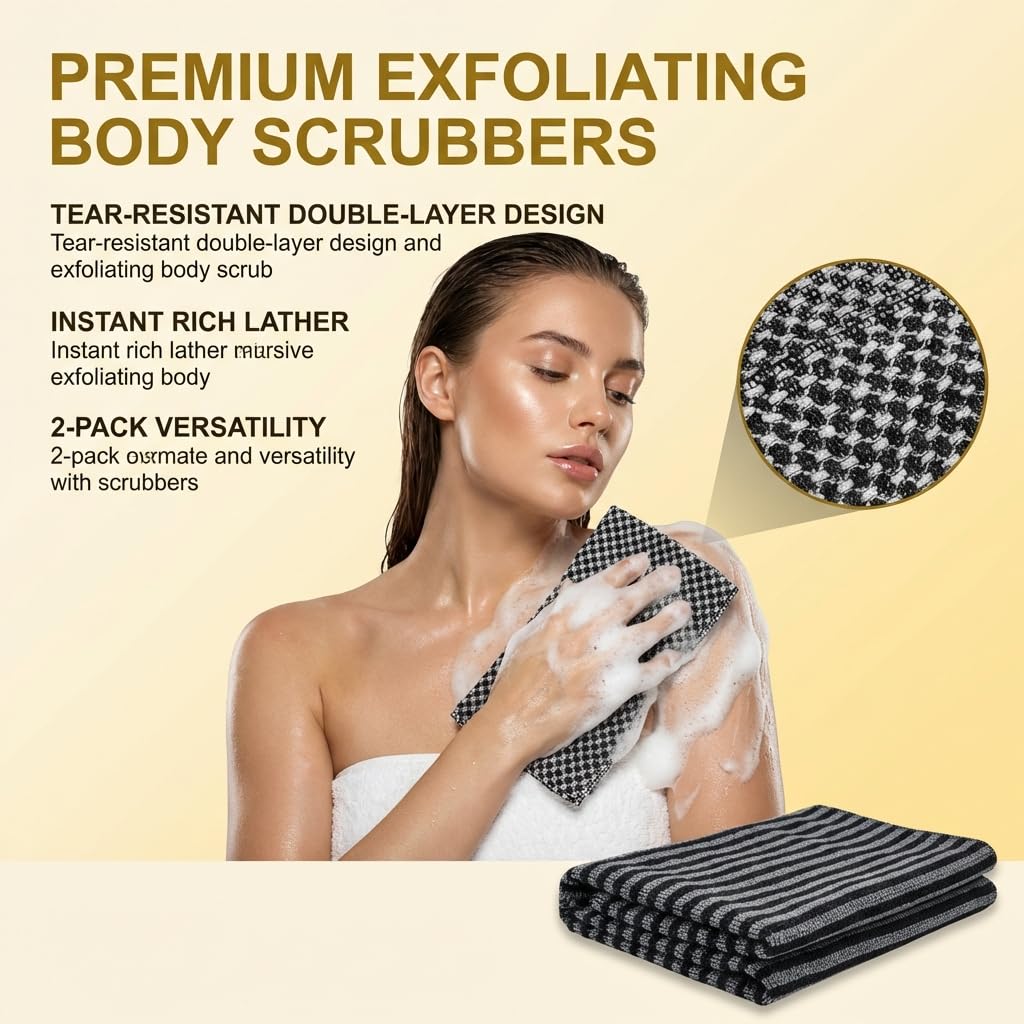 Ryetvok 2pcs Blissall Exfoliating Shower Towel,2-in-1 Advanced Exfoliatings Microfiber Towels, Premium Scrub Wash Cloth for Body Face,exfoliating Towels-Body Scrubber with 2 Sides for All Skin Types
