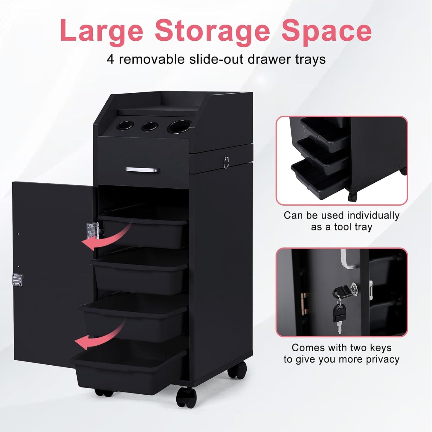 Winado Hair Salon Storage Cart - Mobile Makeup Case with Wheels, 3 Dryer Holders & 4 Drawers | Black