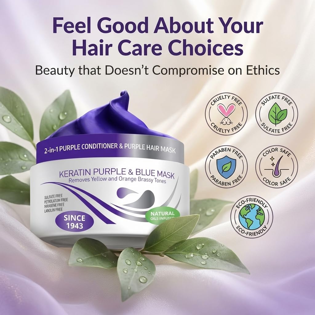 VITAMINS hair cosmetics Keratin Purple Hair Mask - Blue Hair Mask Deep Conditioner Treatment - Blonde Toner to Neutralize Brassiness in Brassy Blonde, Silver, White, Gray & Brown Locks