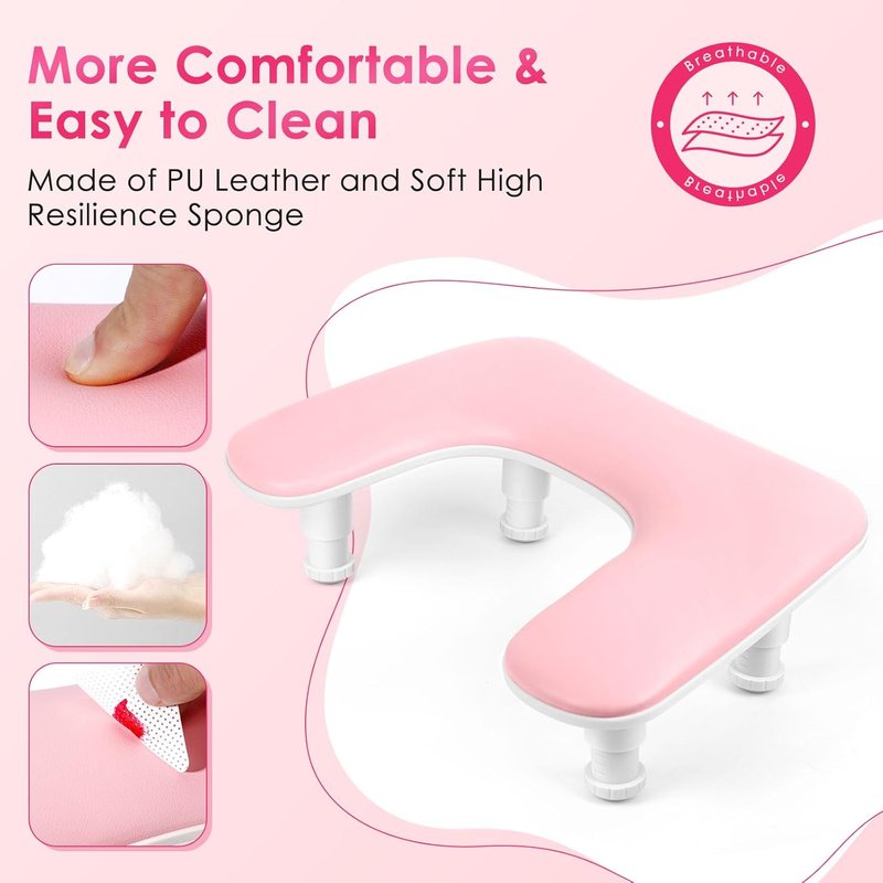 Manicure Arm Rest for Nails Tech: U-shaped Adjustable Nail Armrest - Pink PU Leather Hand Stand Rest for Manicurists