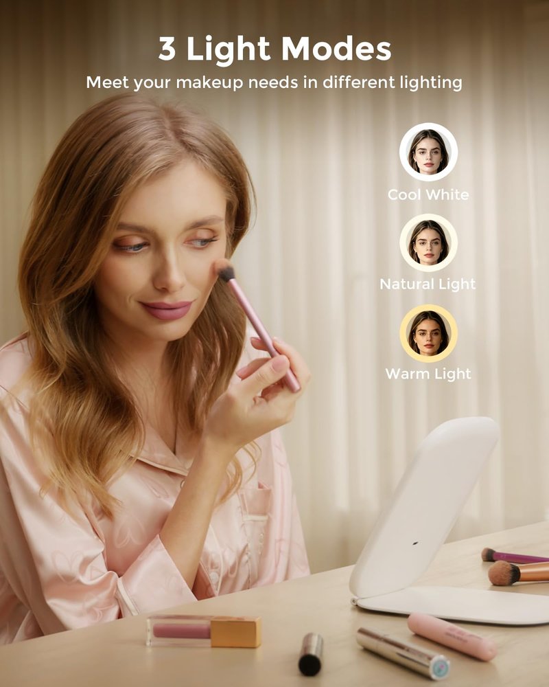 NEZZOE Travel Mirror with LED Light, Rechargeable Portable Lighted Makeup Mirror, 3 Lighting Modes Dimmable Touch Control, Foldable Compact Vanity Mirror for Travel Tabletop, 7x5 Inch