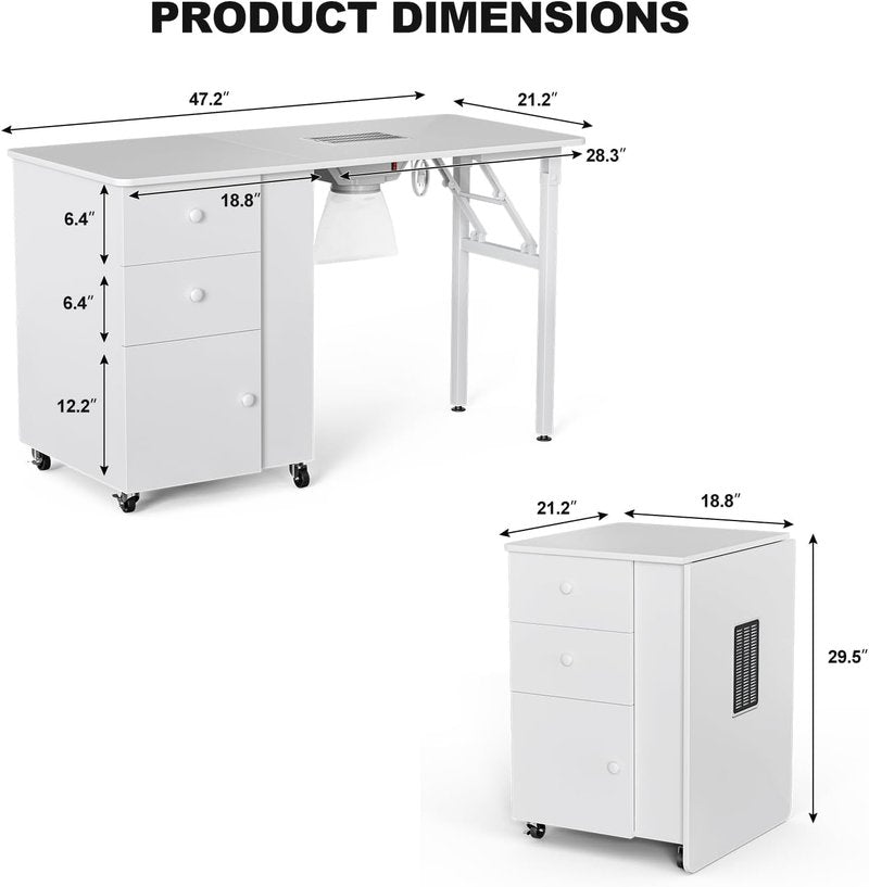 Belandi Foldable Manicure Table Nail Table,Folding Nail Desk Station for Nail Tech w/Electric Downdraft Vent,Lockable Wheels,Foldable Nail Arm Rest,Storage Drawers,Wooden Handles(White)