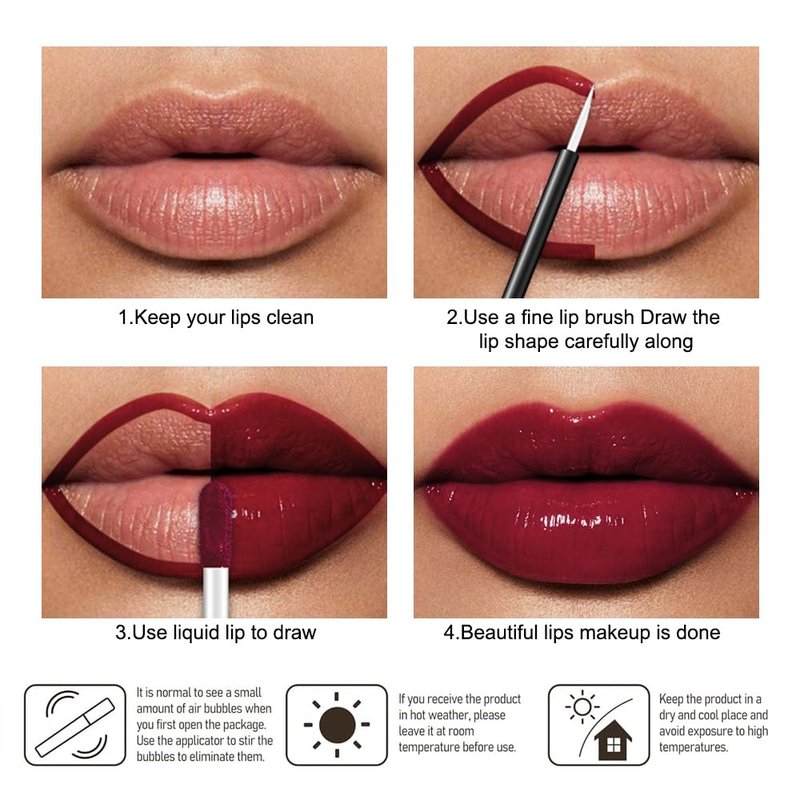 evpct Wine Red Shiny Longwear No-Budge Liquid Lip Color Lipstick Makeup, Highly Pigmented Color Instant Shine, Waterproof Long Lasting Lipstick for Women, Lip Stain Gloss with Lip Liner Brush, 02#