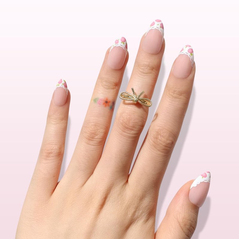 Nail Reformation Press On Nails, Fleur De Lace | Short Almond Fake Nails with Lace French Tip & Rose Floral on Nude Base in Glossy Finish, Reusable Nails in 16 Sizes - 32 Nail Kit, Gifts for Women