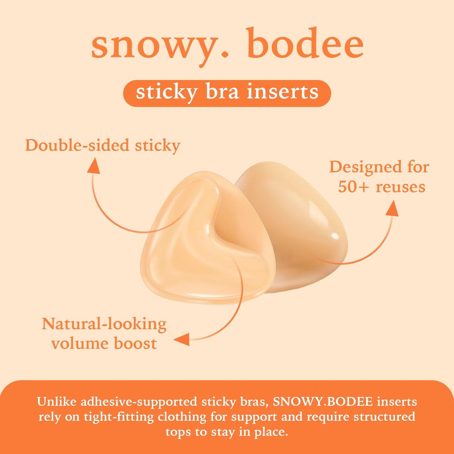 the snowy. bodee Sticky Bra Inserts for Women Reusable Stick Bra Double Sided Strapless Bras Waterproof Adhesive Bra Pads Push Up for C Cup Beige