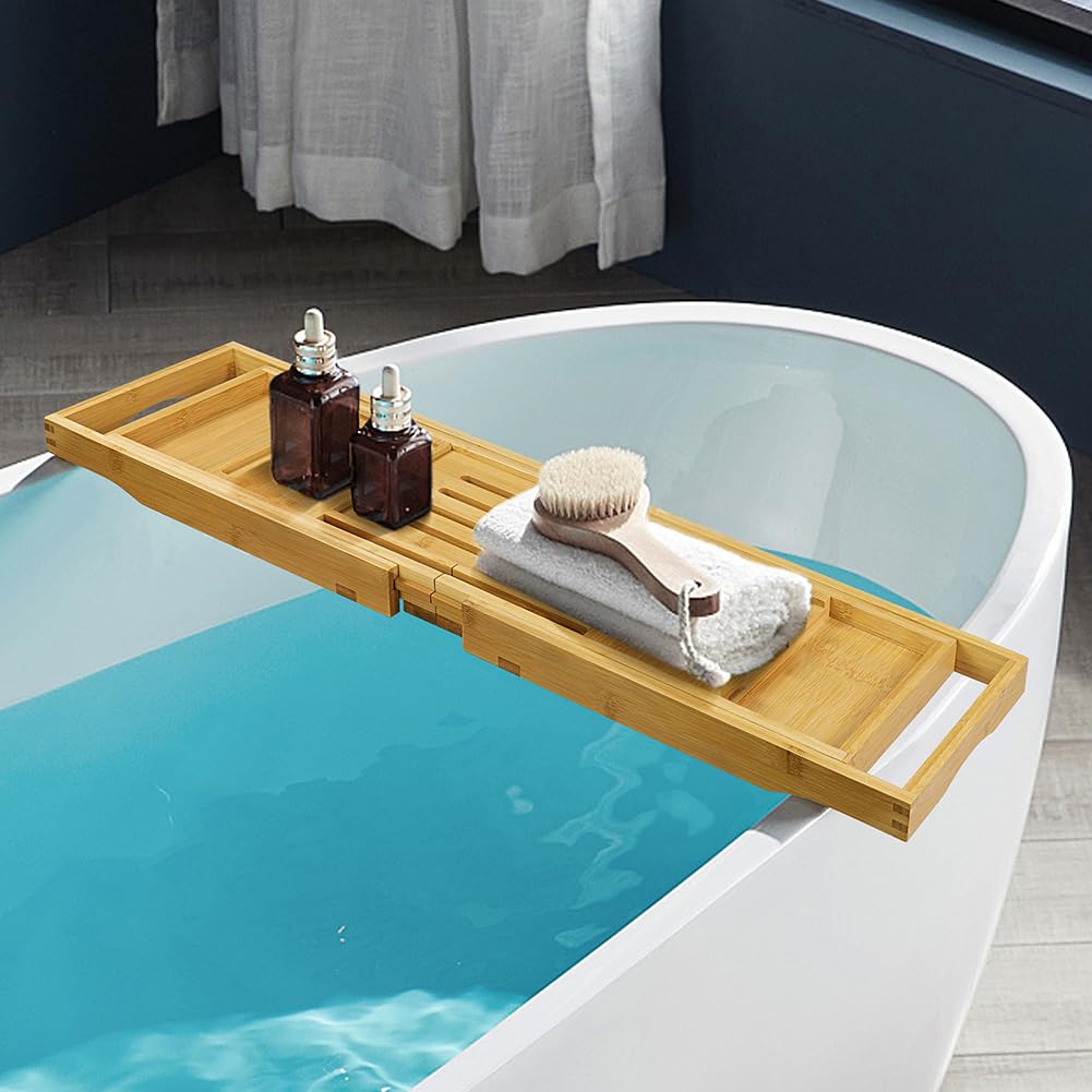 BFTOU Bamboo Bathtub Tray Expandable Bath Table Tray Bathtub Caddy for Relaxing SPA Bathroom Accessories for House Warming Shower