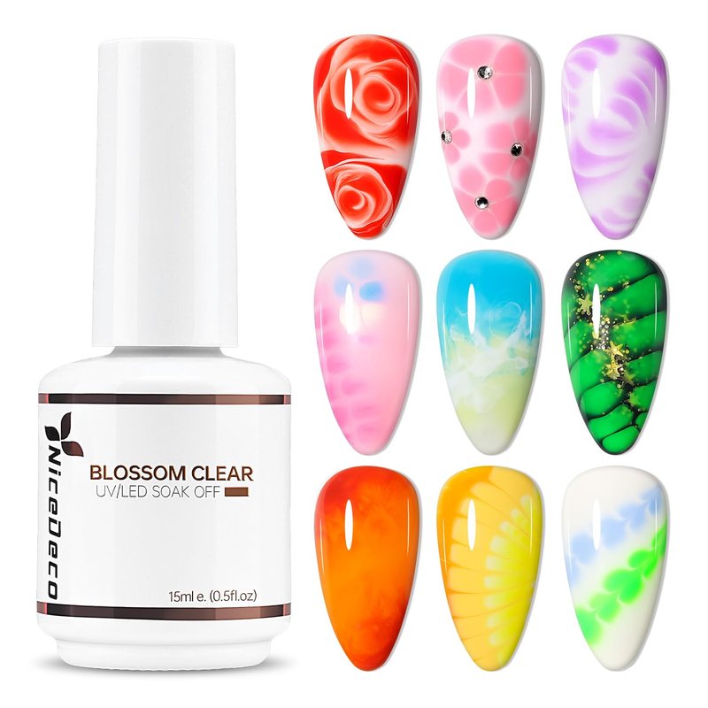 Nicedeco Hema Free Nail Blooming Gel 15ml Cruelty Free Vegan Clear Blossom Gel Polish for Spreading Effect Marble Watercolor Floral Print for DIY Nail Art