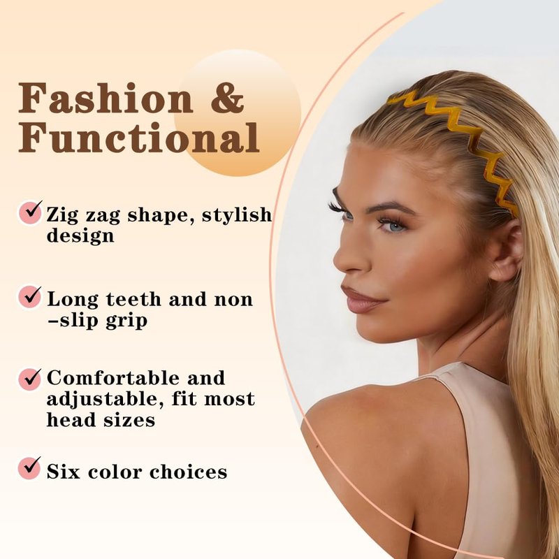 Skiennix 6 Pack Zig Zag Headbands - Non-Slip Hair Bands for Daily Wear | 90s Retro Style Accessories