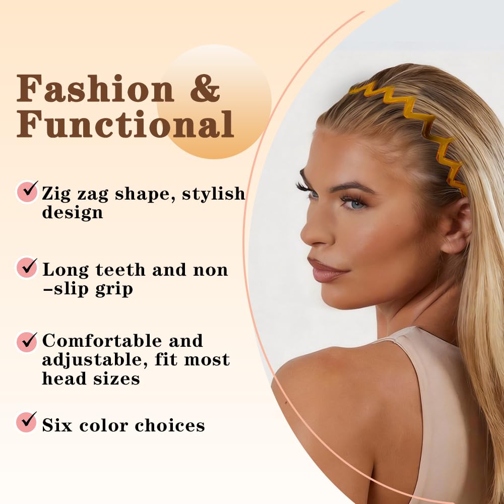 Zig Zag Headbands for Women - Non-Slip Hair Bands | 6 Pack, Retro Style, Perfect for Daily Wear and Sports
