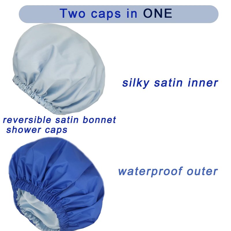 2Pcs Shower Cap with Satin Interior+Packing Bag+Scrunchy Reusable Large Bath Cap Waterproof for All Length Hair, Adjustable Double Layers Cap for Women Shower Spa Travel Non-Slip Elastic Band
