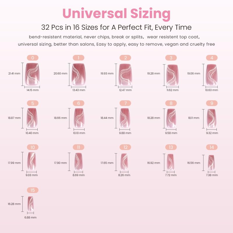 Nail Reformation Press On Nails, Pink Sway | Short Coffin Fake Nails with Velvet Cat Eye, Salon Quality, Reusable Stick On Neutral Nails in 16 Sizes - 32 Nail Kit with Glue, Manicure Gifts for Women