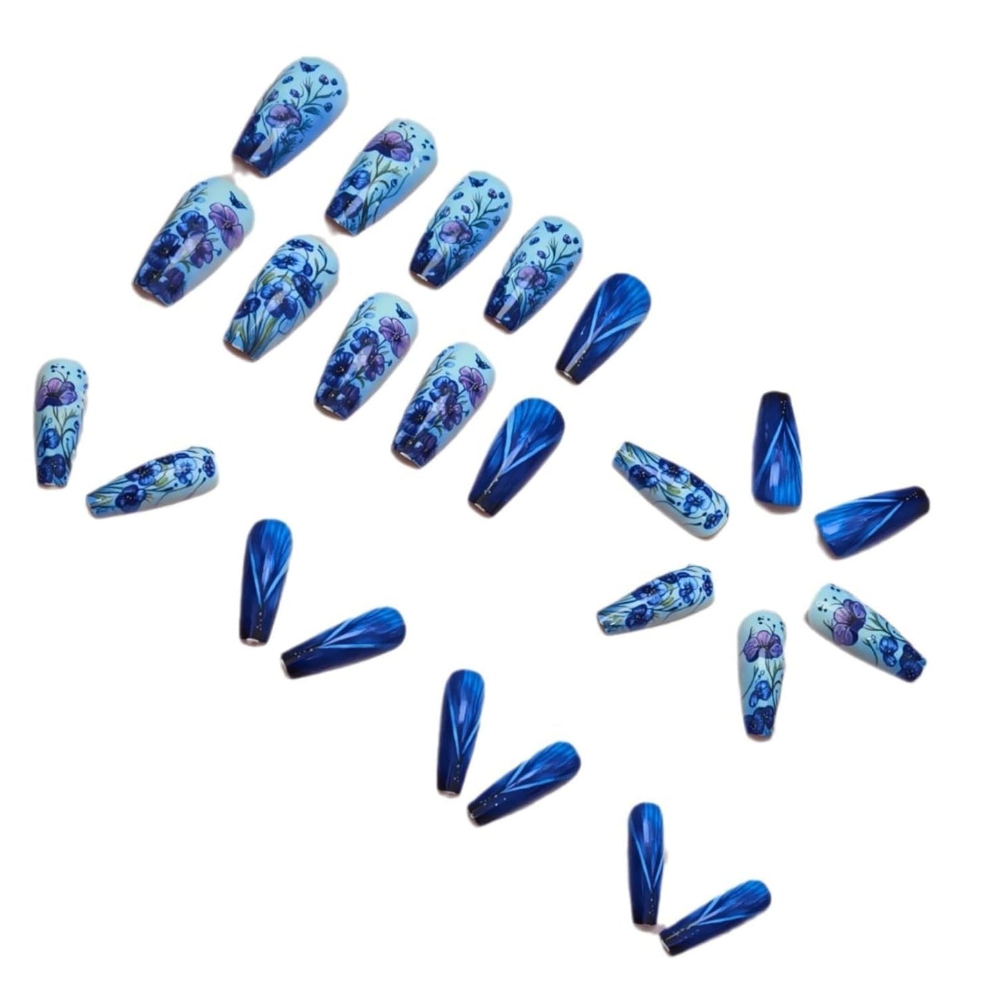 Skiennix Spring Press On Nails - Medium Coffin Shaped Floral Design | Reusable Blue Purple Flowers