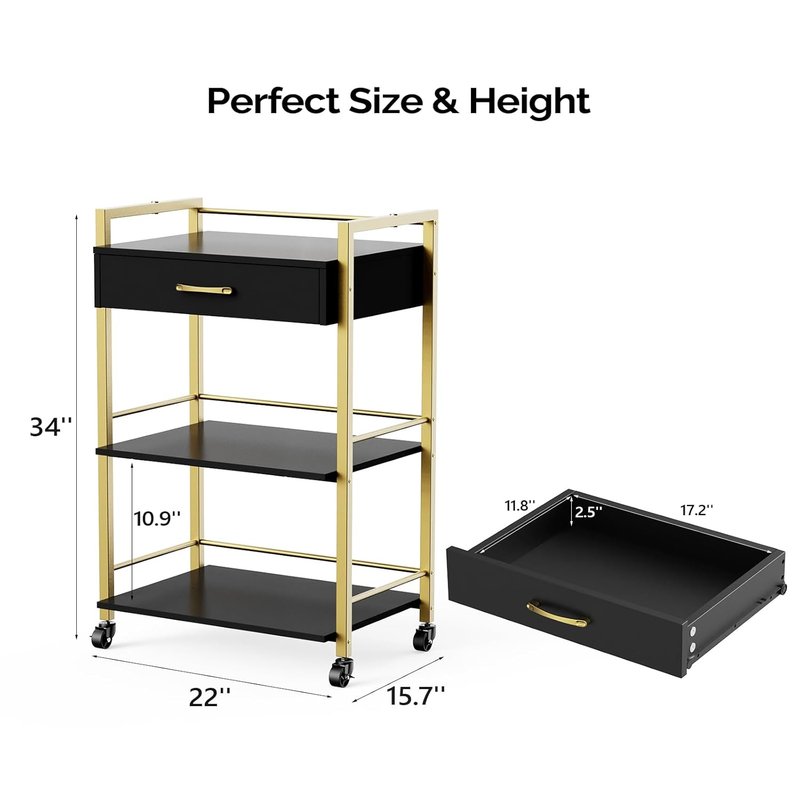 Salon Trolley Cart - Wooden Rolling Storage Station for Beauty & Spa | Mobile Utility Cabinet with 1 Drawer & 2 Trays - Black Gold