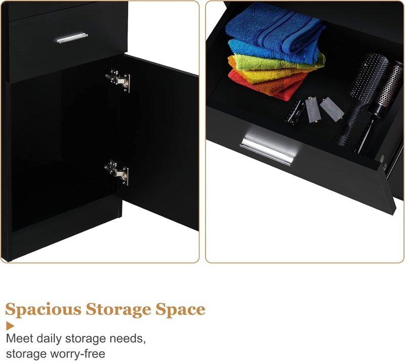 OmySalon Hair Stylist Salon Station - Large Storage Cabinet with 2 Drawers & 6 Hair Dryer Holders | Black