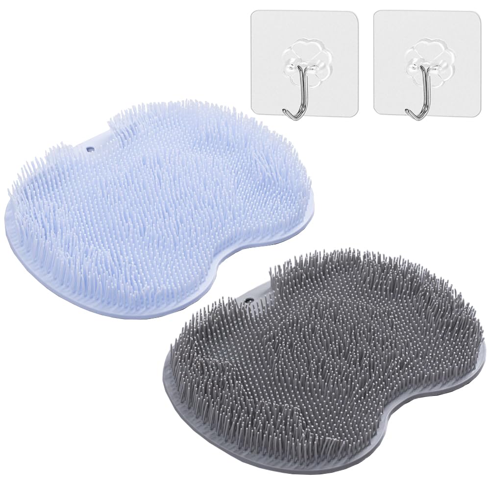 2PACK Shower Foot Scrubber Mat with Non-Slip Suction Cups, Back Exfoliating Bath Wash Pad Wall Mounted Slip Suction Cups Foot Scrubber, Use in Shower Cups Foot Massages for Men and Women (Blue*Gray)