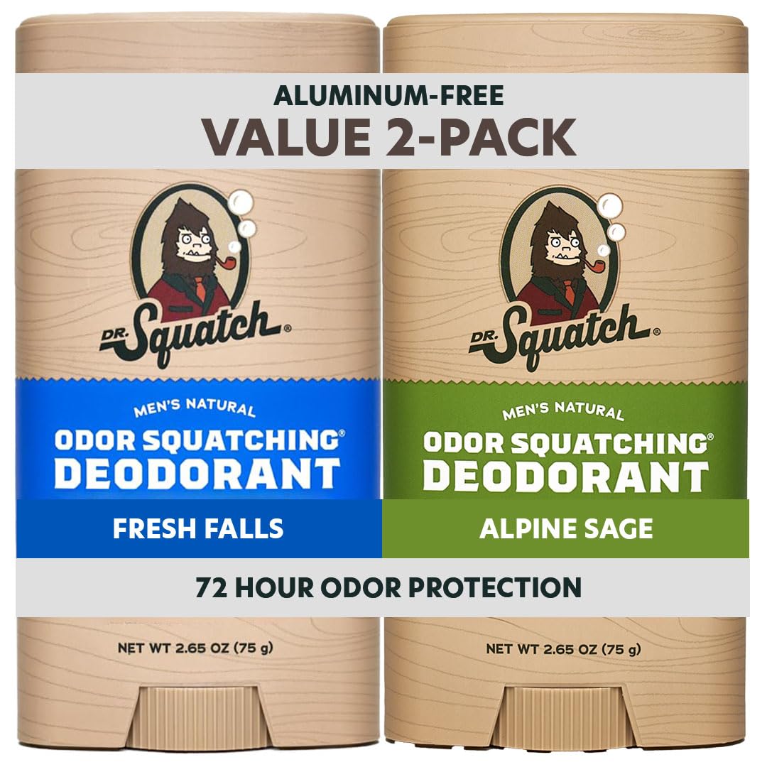 Dr. Squatch Natural Men’s Deodorant – Aluminum Free Natural Deodorant Men with Charcoal & Postbiotics for 72-Hour Odor Protection – Alpine Sage + Fresh Falls, 2.65oz Stick (2-Pack)